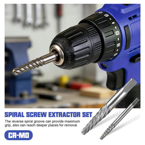 26 Piece Damaged Screw And Bolt Extractor Set with left hand cobalt drill bits, installed in drill, for removing rusted bolts.