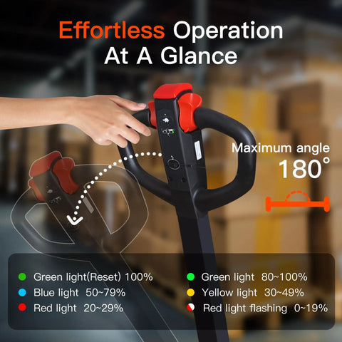 Heavy Duty Electric Pallet Jack With 4,400 Lb Load Capacity And Power Lift For Warehousing Moving Heavy Carts Fast control panel showing operation lights.