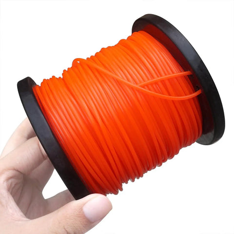 Person holding orange 328 Ft 0.095 Inch Round String Trimmer Line Replacement Spool Nylon 2.4mm Diameter For Lawn Care Trim Edges Weeds And Grass