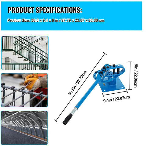 Manual Pipe Bending Machine For 1 To 3 Inch Tubes with dimensions and blue handle shown; includes 7 interchangeable dies.