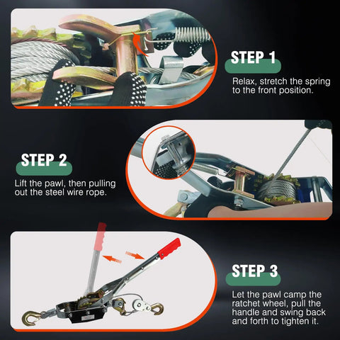 Instructions for using Heavy Duty Come Along Winch 4 Ton 8800 Lbs Tension Dual Gear Ratchet Hand Winch with steel rope.