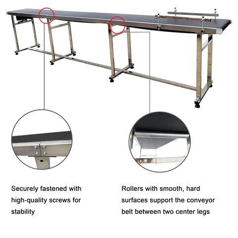 PVC Belt Conveyor With Stainless Steel Frame Heavy Duty 177 Inch Long By 11.8 Inch Wide Adjustable Speed Electric Conveyor With Double Guard Rails Non Slip Rubber Base Support Roller And 110 Lb Load Capacity showing stainless frame and roller details