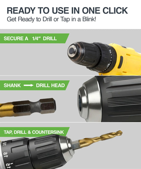 All-In-One Drill Tap Bit Set 6-Piece HSS Titanium-Coated SAE 3-In-1 Bits, 1/4 Inch Hex Shank, drill and driver attachment close-up