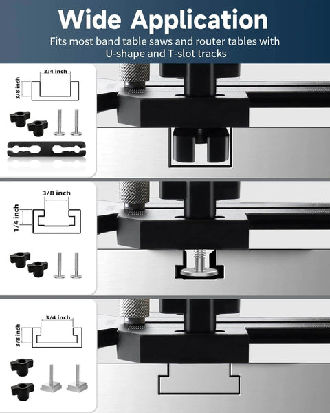 Triple Pulley Thin Rip Jig showing U-slot and T-slot fittings for table saws and router tables, CNC precision woodworking tool.