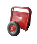 No Sweat Heavy Duty Panel Dolly Cart With One Thousand Pound Capacity And Ten Inch Reliable Solid Rubber Tires For Easy Drywall Loads Heavy Door Slides And Contractor Gear Runs In Glossy Red, side view showcasing a solid rubber tire.