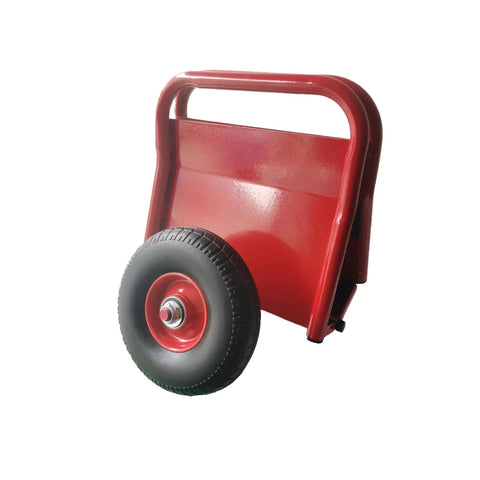 No Sweat Heavy Duty Panel Dolly Cart With One Thousand Pound Capacity And Ten Inch Reliable Solid Rubber Tires For Easy Drywall Loads Heavy Door Slides And Contractor Gear Runs In Glossy Red, side view showcasing a solid rubber tire.