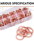 Copper Washers 200-Piece Metric Crush Washer Set For Car And Motorcycle in plastic case with 9 sizes visible