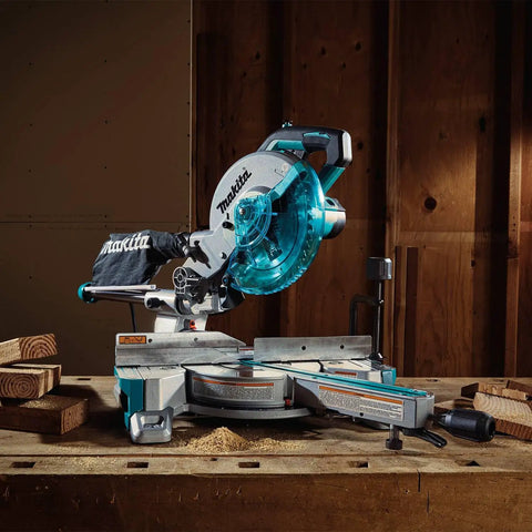 Eight And A Half Inch Sliding Compound Miter Saw With Ten Point Five Amp Direct Drive Motor Packs Five Thousand RPM Bevels Zero To Forty Seven Degrees Portable Thirty Point Six Pounds Cuts Up To Twelve Inches At Ninety Degrees on wooden workbench