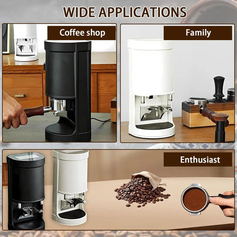 Top Notch 58 Mm Electric Coffee Tamper And Powder Press With Smart Touchscreen Dial shows various setups for coffee shops and home use.