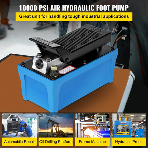Front view of blue air-over-hydraulic foot pump with black ribbed pedal and reservoir