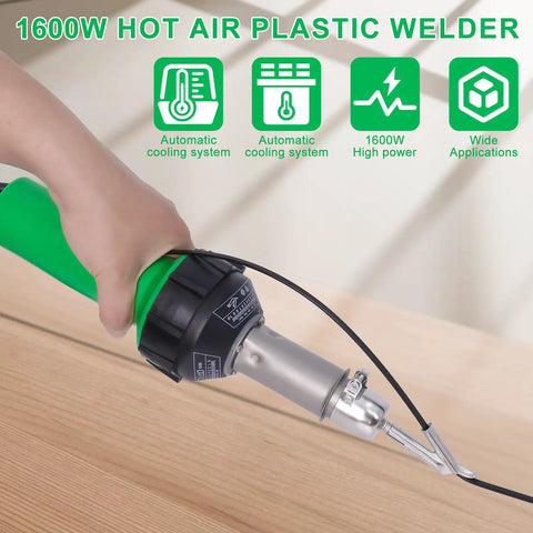 1600W Hot Air Plastic Welder Kit Pro Grade with nozzle in use for PVC TPO vinyl repair on wood surface