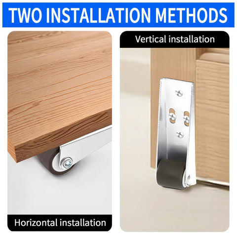 Low Profile 0.9 Inch Caster Wheels Set Of 4 With Long Brackets For Furniture and DIY Projects showing horizontal and vertical installation
