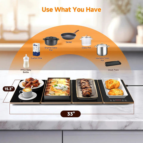 Electric Warming Tray 4 In 1 Food Warmer For Parties And Buffets with modular design and food items on 33x15 inch surface