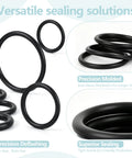 1020-Piece O Ring Kit With Case And Labels For Auto Plumbing And Air Gas Sealing, All In One 20 Metric Sizes From 1mm To 25mm ID, Multiple Thicknesses Including 1mm, 2mm, 2.4mm, 2.5mm, 3mm, Nitrile Rubber, Fuel And Oil Resistant, High Temp. black nitrile rubber O-rings shown in different sizes