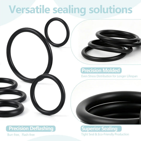 1020-Piece O Ring Kit With Case And Labels For Auto Plumbing And Air Gas Sealing, All In One 20 Metric Sizes From 1mm To 25mm ID, Multiple Thicknesses Including 1mm, 2mm, 2.4mm, 2.5mm, 3mm, Nitrile Rubber, Fuel And Oil Resistant, High Temp. black nitrile rubber O-rings shown in different sizes