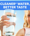 Brita water filter advertisement: person outdoors holding a tall glass of water under a blue banner