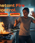 Woman in kitchen near stove with flames, Three Pack Fire Blanket Set for Home and Kitchen, 40 By 40 Inches, Fiberglass Construction.