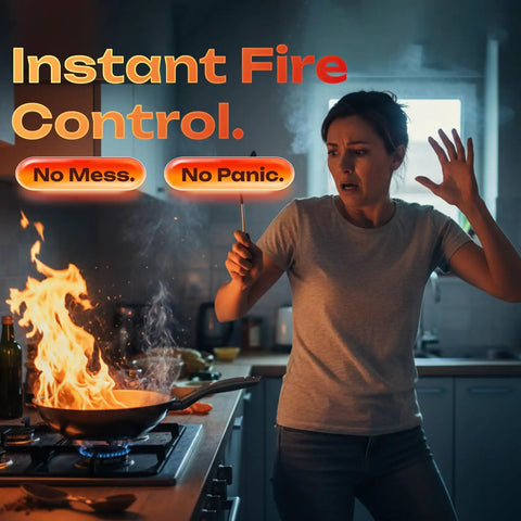 Woman in kitchen near stove with flames, Three Pack Fire Blanket Set for Home and Kitchen, 40 By 40 Inches, Fiberglass Construction.