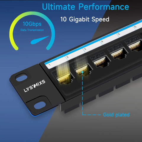 Close-up of 24 Port RJ45 Patch Panel Cat6 Pass Through showing gold plated ports with 10Gbps data transmission for home office cabling