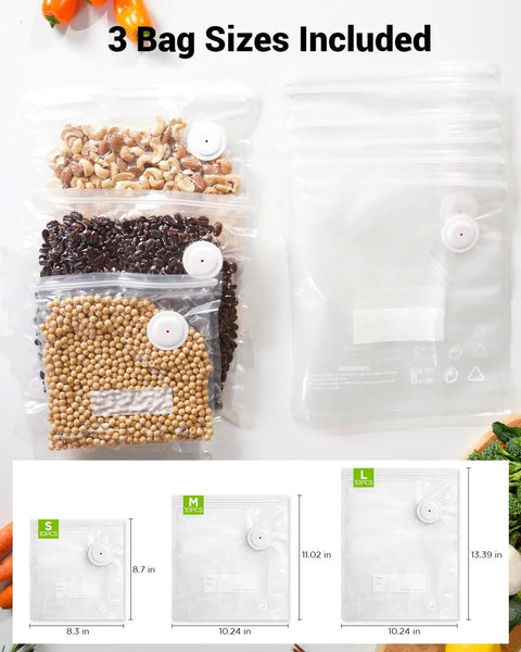 Cordless Handheld Food Vacuum Sealer With 30 Reusable Bags, Compact Portable Saver For Sous Vide, Meal Prep, Meats And Veggies, Fast 5 Second Seal, 1800mAh Rechargeable Battery, Keeps Freshness Up To 6x Longer, showcasing three bag sizes filled with nuts, beans, and grains