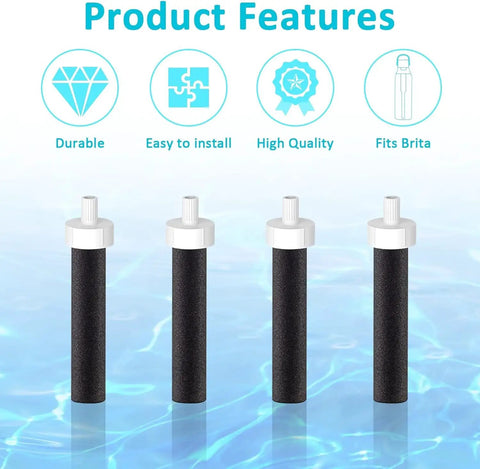 Replacement Mouthpiece Kit For Water Bottles Compatible With Insulated Filtered Water Bottles Includes 3 Silicone Mouthpieces And 4 Filter Cartridges Easy Swap Bottle Parts Upgrade Food Grade Silicone displaying filter cartridges with product features.
