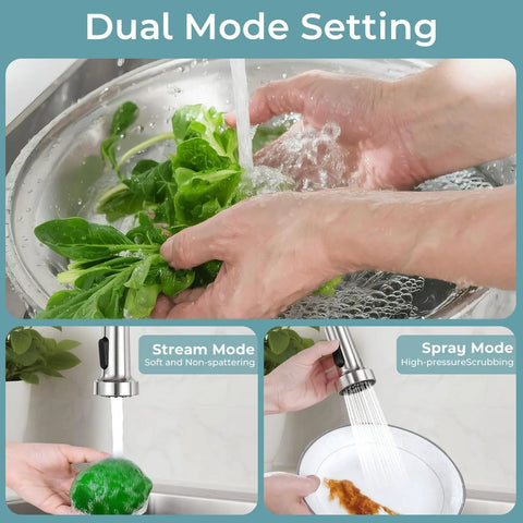 Hands washing greens and rinsing a bowl with Smooth Operator Pull Down Kitchen Faucet With Brushed Nickel Finish.