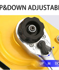 Manual lever chain hoist, yellow housing, black adjustment knob, close-up view