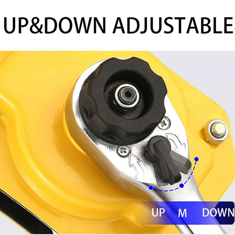 Manual lever chain hoist, yellow housing, black adjustment knob, close-up view