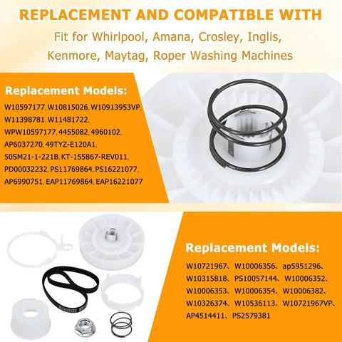 Washer Shift Actuator Kit With Pulley Clutch And Drive Belt For Maytag Kenmore Amana Whirlpool Crosley Washing Machines Replacement Part Set Easy Install Kit With Durable Components For Plug And Play Quick Fix And Smooth Quiet Washes Every Time. white pulley clutch, belt, and springs