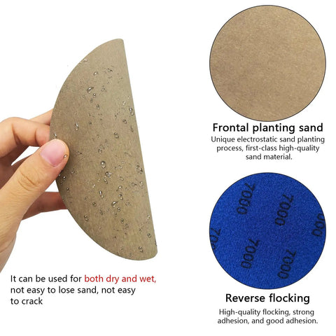 Close-up of 50 Piece 5 Inch Hook And Loop Sanding Disc Set with Grits 3000 4000 5000 7000 And 10000 Extra Fine Wet And Dry Sandpaper.