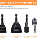 Four-piece deburring and chamfer set: 3/4 external bit, 1-1/8 external bit, quick-change holder, 82° internal bit.