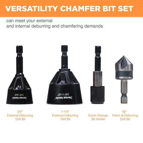 Four-piece deburring and chamfer set: 3/4 external bit, 1-1/8 external bit, quick-change holder, 82° internal bit.