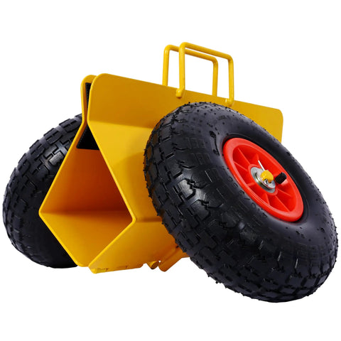 Rock Solid Heavy Duty Slab Cart With 10 Inch Pneumatic Tires And 600 Pound Capacity side view of cart with yellow frame and black tire