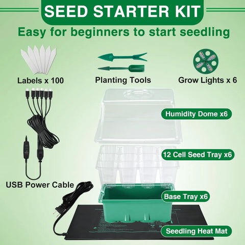 Seed Starter Tray Kit With Grow Light And Heat Mat, 6 Pack 12 Cell Trays, Humidity Domes, USB Powered Lighting, Seedling Tools And Labels For Easy Indoor Gardening And Fast Germination For Newbie Gardeners