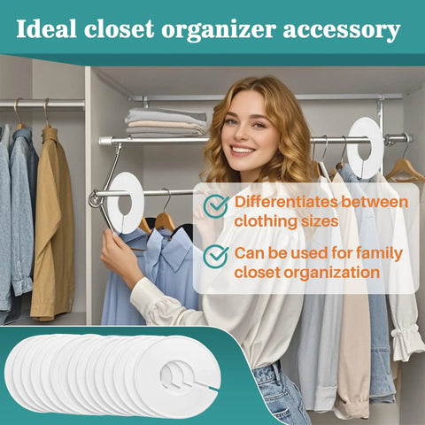 Woman organizing closet with 30 Pack White Closet Dividers for Baby Clothes, No Fuss Easy Label System to Separate Sizes.