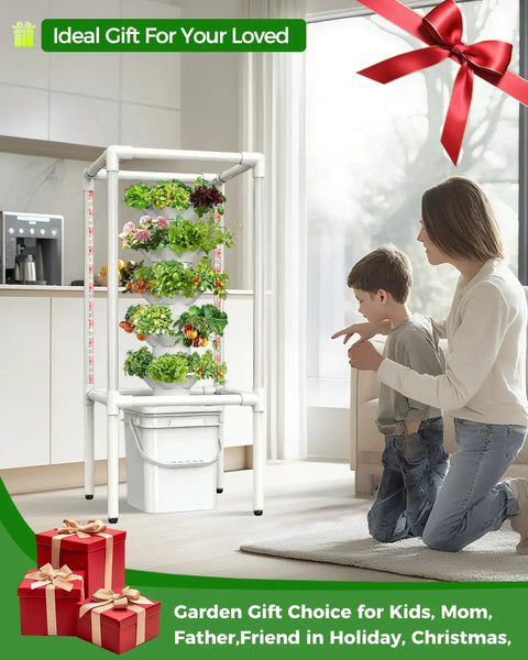 Hydroponic Tower Garden System With Full Spectrum Grow Lights For Indoor And Outdoor Use 5 Tier Vertical Garden With 25 Pods in a kitchen with a mother and child