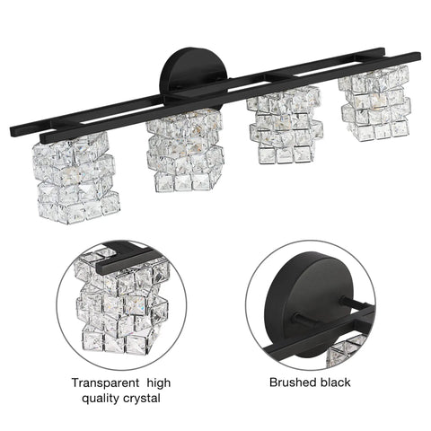 Close-up of Black 4 Light Vanity Light Fixture with Crystal Shade Modern Wall Sconce for Bathroom Mirror IP44 Waterproof G9 Bulbs Compatible