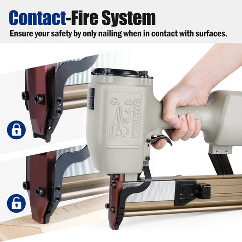 Sixteen Gauge Seven Sixteenth Inch Medium Crown Construction Stapler with contact-fire system in use