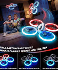 Two kids playing with an Easy To Fly RC Drone For Kids And Adults with LED lights in a living room setting at night.