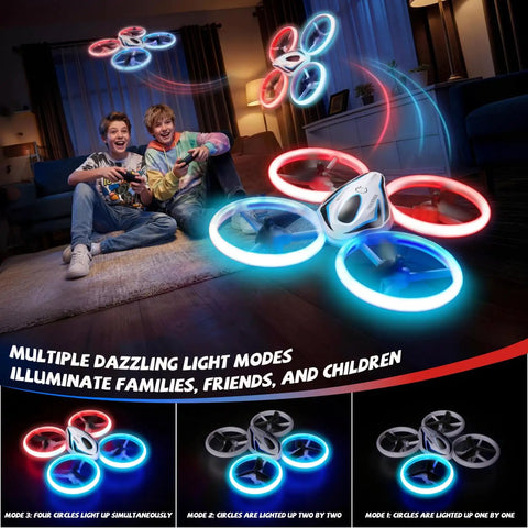 Two kids playing with an Easy To Fly RC Drone For Kids And Adults with LED lights in a living room setting at night.