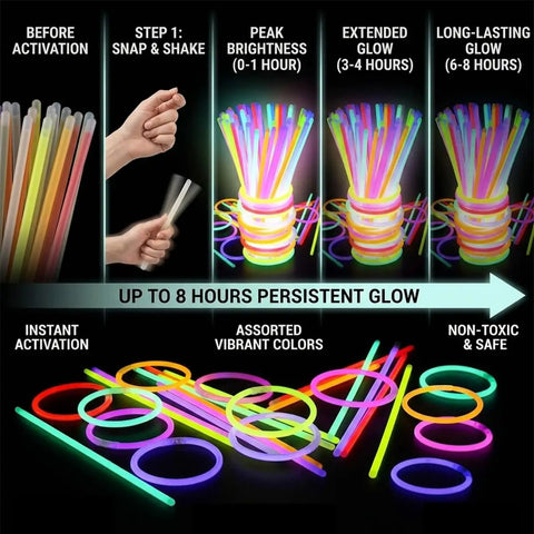 Image showing activation steps of 100 Count Glow Sticks Bulk Party Pack with 8 Inch Glow Bracelets and Connectors Assorted Colors.