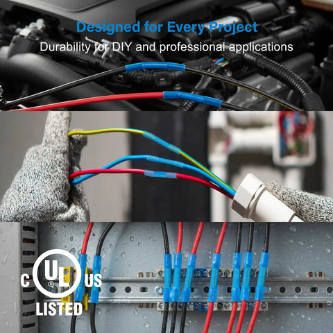 100 Pcs Heat Shrink Wire Connectors 16-14 AWG Tinned Copper Core Waterproof Crimp Butt Terminals UL Certified used in automotive and electrical setups