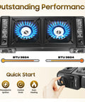 Two Burner Portable Propane Camping Stove With Double Auto Ignition Durable Dual LPG Butane Burner for RVs shown with ignition dial and flames