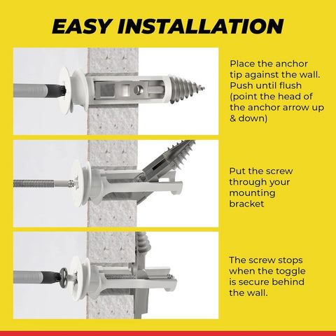 Heavy Duty Drywall Anchors And Screws Kit With Toggle Anchors Self Drilling Zinc Plastic For Secure Hanging Of Pictures And Shelves Includes 25 Pack Durable Corrosion Resistant Fasteners For Quick Install shown in step-by-step installation guide.