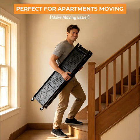 Heavy Duty 4 Tier Foldable Storage Shelf, Massive Rolling Wire Rack With Pivoting Casters, Dead Simple Tool Free Assembly, Total Game Changer Cube Organizer For Kitchen Pantry Garage Or Home Office, Black being carried upstairs.