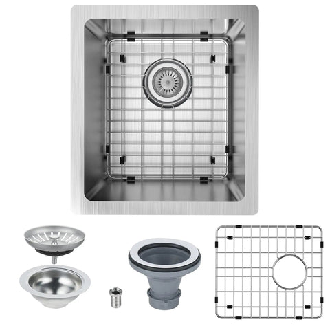 15 By 17 Inch Undermount Bar Kitchen Sink With Single Bowl Handmade Stainless Steel 18 Gauge T304 Built Tough Unbreakable Construction Satin Finish Includes Strainer And Bottom Grid
