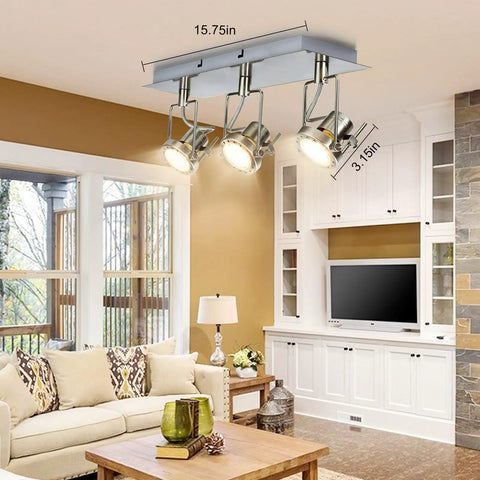 Three Light Ceiling Track Lighting Fixture With Flexible GU10 Heads In Brushed Nickel in living room setting