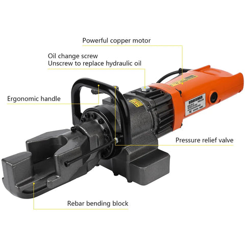 GarveeTech 900W Portable Rebar Bender For Steel And Copper Rods Powers Up To 5/8 Inch In Just Seconds With Smooth Hydraulic Action Adjust Bending Angles From Zero To One Hundred Thirty Degrees Easily On The Job Site showing rebar bending block and ergonomic handle.