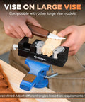 Heavy Duty Fractal Vise, Self Adjusting Drill Press Bench Clamp That Locks Flat Round Or Irregular Pieces Freakin Tight, positioned on large vise with wood piece.