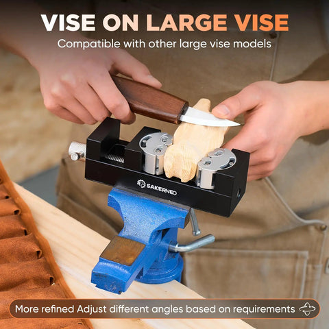 Heavy Duty Fractal Vise, Self Adjusting Drill Press Bench Clamp That Locks Flat Round Or Irregular Pieces Freakin Tight, positioned on large vise with wood piece.